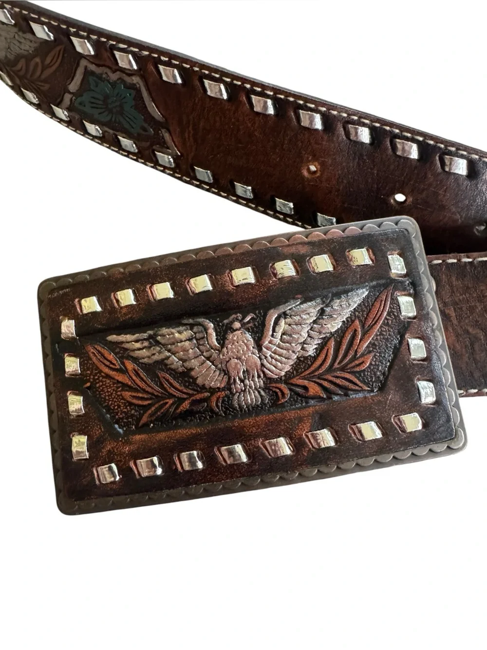 Fossil Western Leather Belt & Buckle Mens 38 EAGLE Tooled MB5804 Cowhide MotoFos